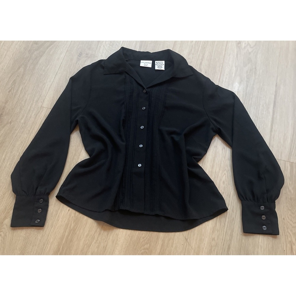 Vintage Covington Top Women's 10/12 Black Long Sleeve Button Up Collar Polyester